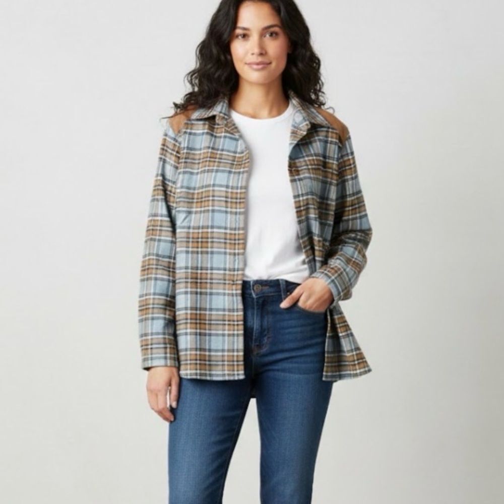 Norton McNaughton 2X Woman Plaid Flannel Shirt Shoulder Patch Blue Brown